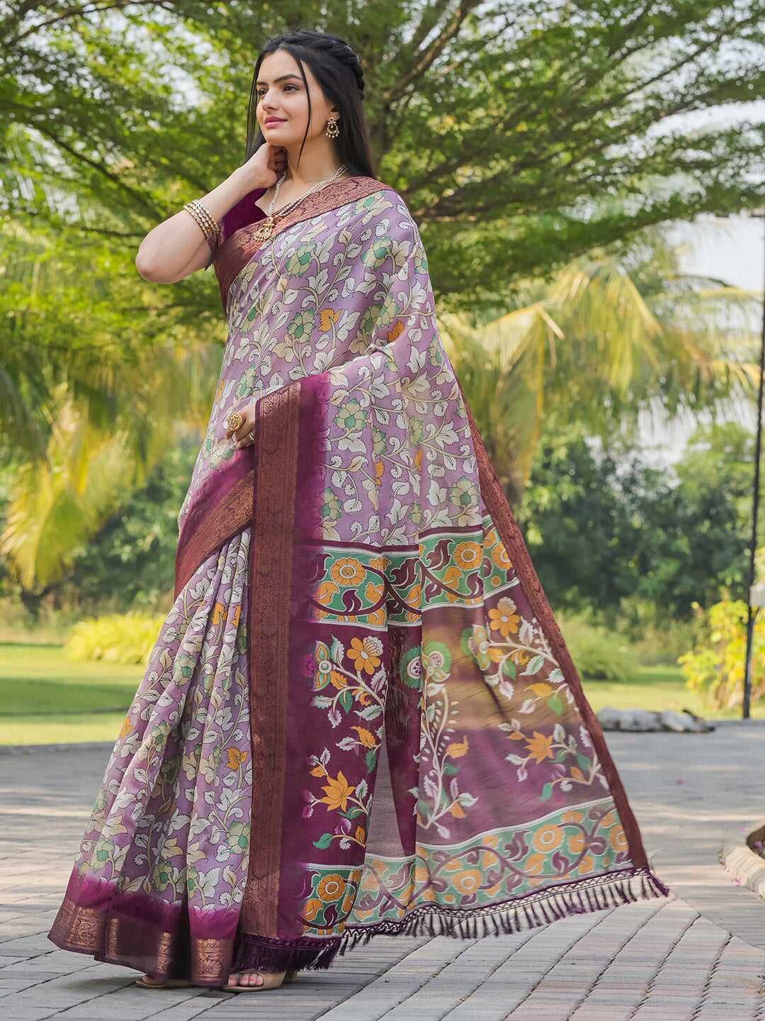 Tikhi Imli Floral Printed Zari Ready to Wear Saree | Grocsy