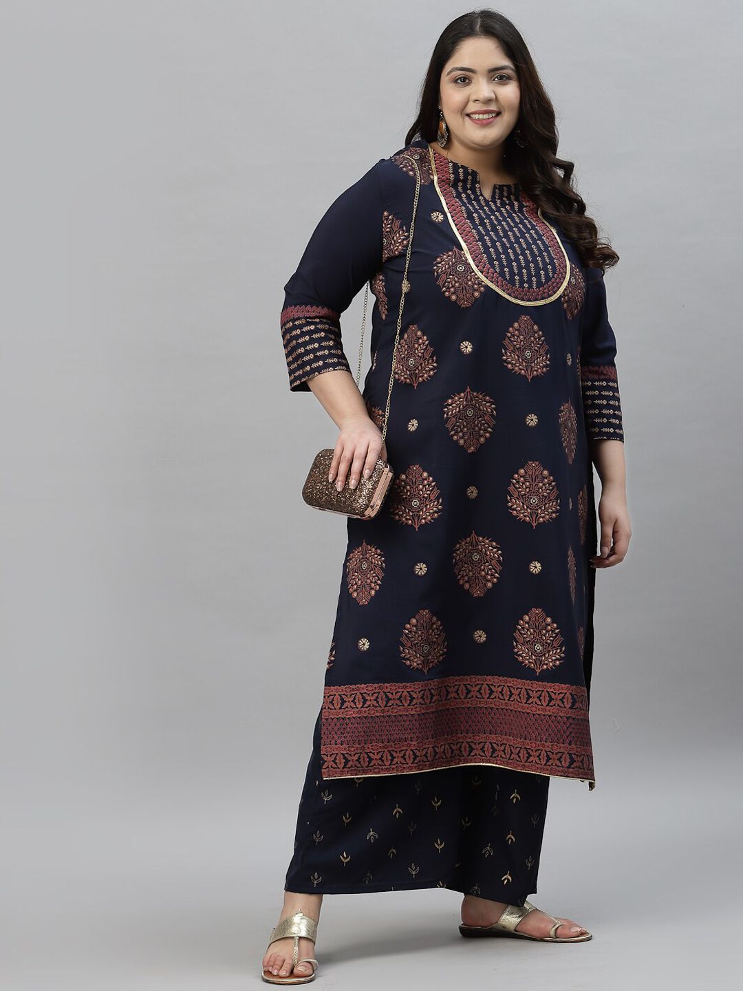 Sztori Plus Size Floral Printed Round Neck Straight Kurta with Palazzos | Grocsy