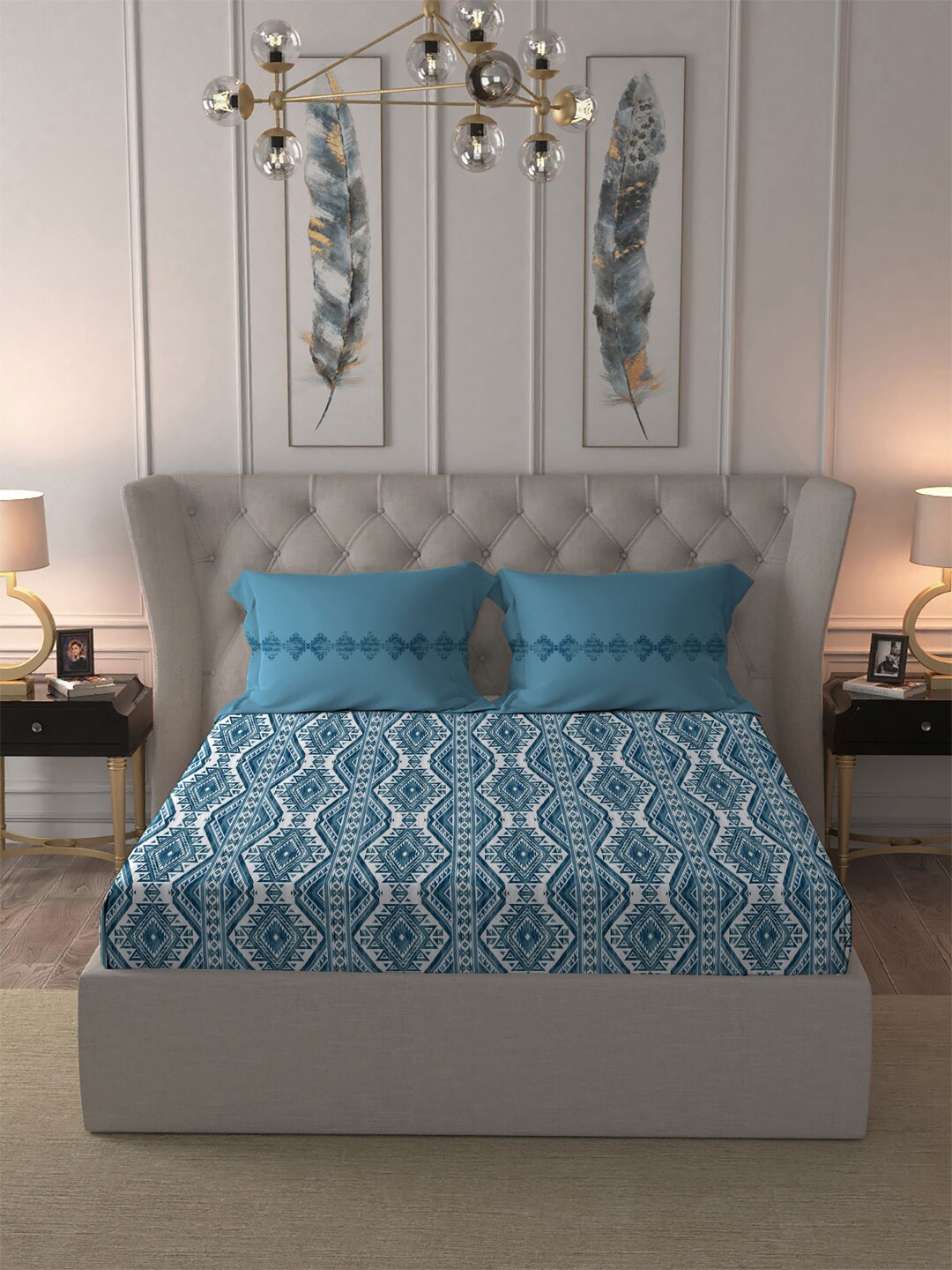 MYTRIDENT Blue White Ethnic Motifs Cotton 120 TC Queen Bedsheet With 2 Pillow Covers | Grocsy