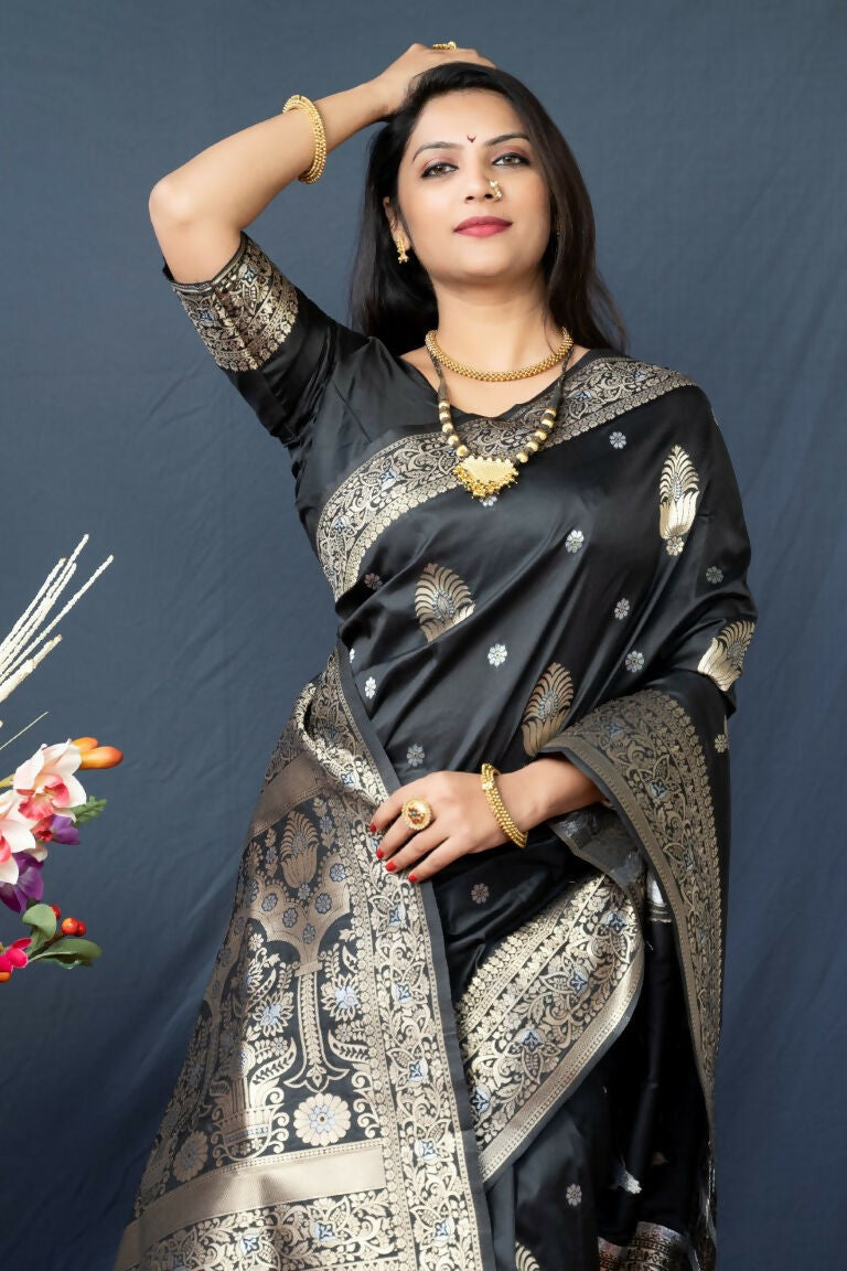 Jyoti Fashion Women's Black Paithani Silk Zari Woven Saree with Blouse | Grocsy