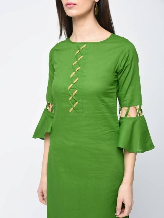 Aniyah Cotton Criss Cross Bell Sleeves Straight Kurta In Green (AN-101A) | Grocsy