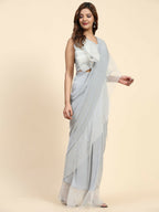 Light Grey Lycra Solid Ready to Wear Saree with stitched Blouse - Nita | Grocsy