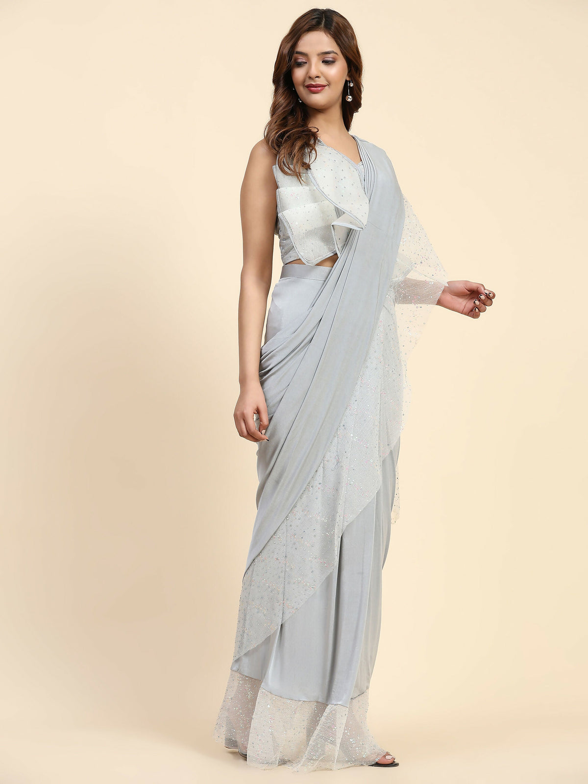 Light Grey Lycra Solid Ready to Wear Saree with stitched Blouse - Nita | Grocsy