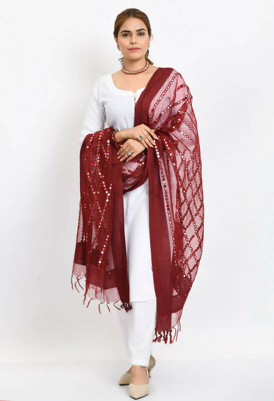 Mominos Fashion Moeza Women's Orgenza Mirror Stripe Thread Work Maroon Dupatta | Grocsy