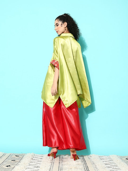 InWeave Women's Olive Red Brocade Satin Boho Kurta Red Palazzo Set | Grocsy