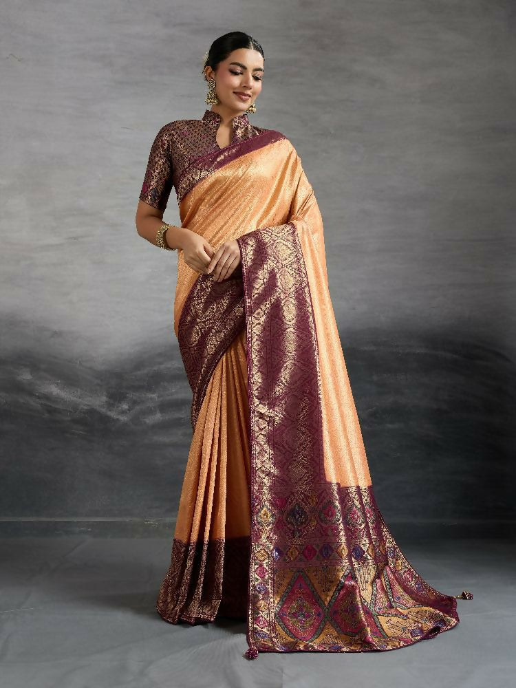 PR Fashion Coffee Kanjivaram Soft Silk Kadiyal Pattern Double Zari Woven Patta, Meenakari Woven Pallu Saree | Grocsy