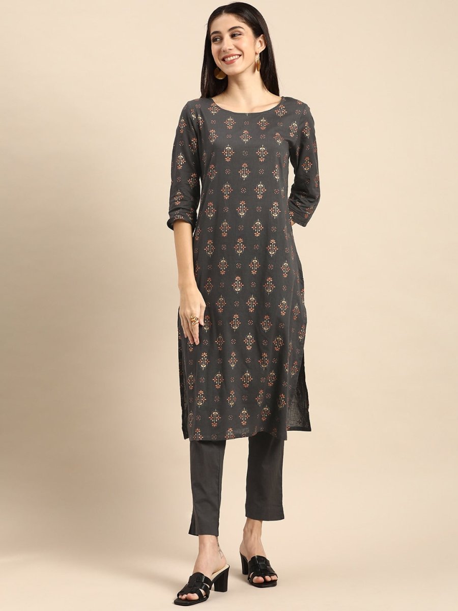 All About You Women Grey Ethnic Motifs Printed Pure Cotton Kurta with Trousers | Grocsy