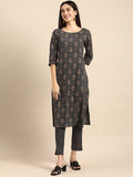 All About You Women Grey Ethnic Motifs Printed Pure Cotton Kurta with Trousers | Grocsy