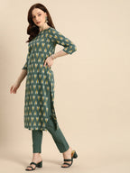 All About You Women Grey Ikat Printed Pure Cotton Kurta with Trousers & Dupatta | Grocsy