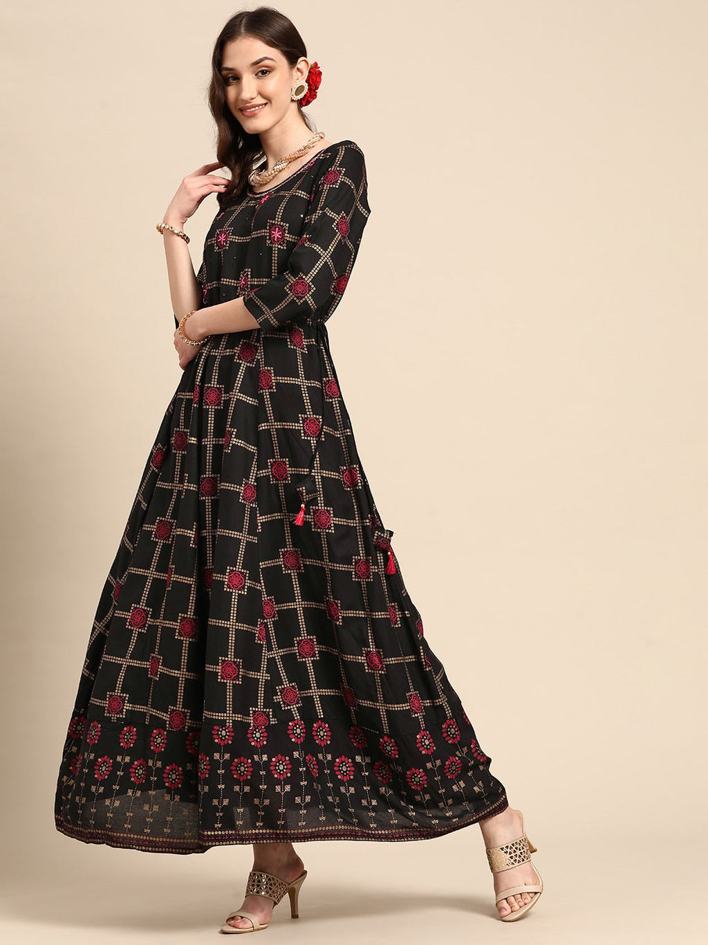 Sangria Women Black Checked Viscose Rayon Anarkali Kurta | Grocsy