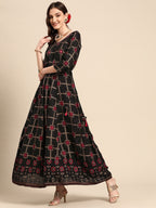 Sangria Women Black Checked Viscose Rayon Anarkali Kurta | Grocsy