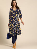 All About You Women Navy Blue Floral Printed Angrakha Pure Cotton Kurta with Trousers | Grocsy