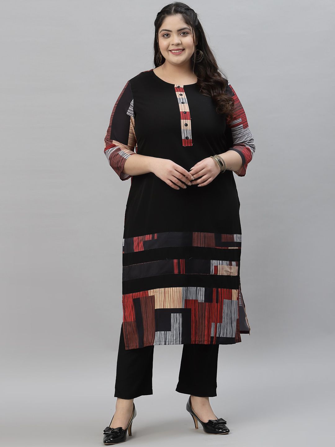 Sztori Black & Red Ethnic Motifs Printed Crepe A-Line Kurta | Grocsy