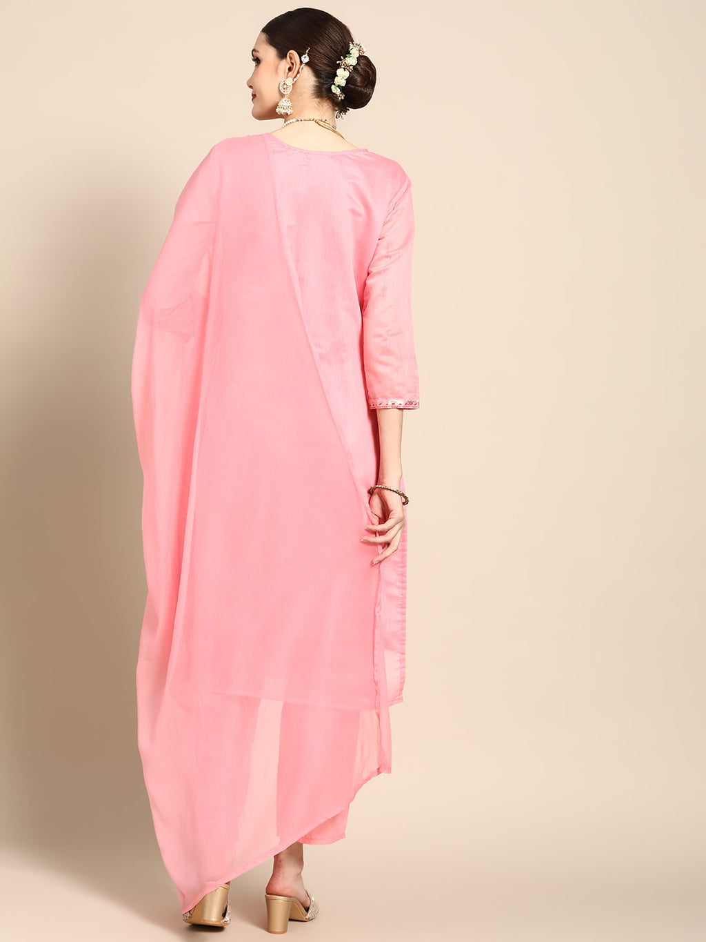 Sangria Women Pink Ethnic Motifs Printed Chanderi Cotton Kurta with Trousers & With Dupatta | Grocsy