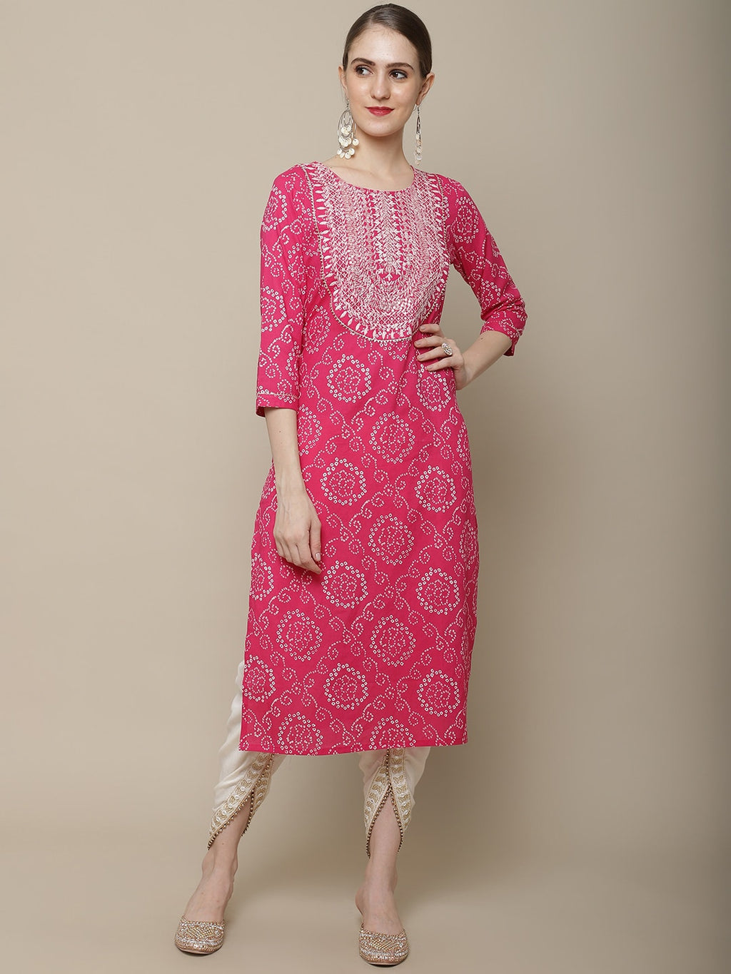 Sangria Women Pink & White Bandhani Printed Thread Work Kurta | Grocsy