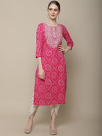 Sangria Women Pink & White Bandhani Printed Thread Work Kurta | Grocsy