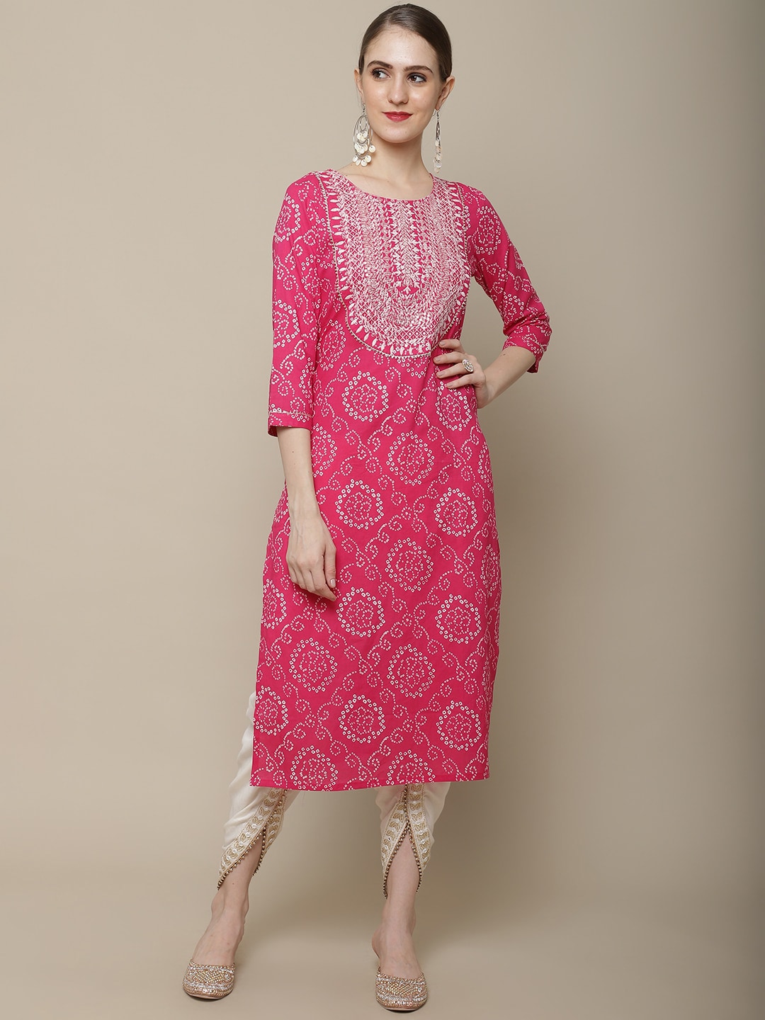 Sangria Women Pink & White Bandhani Printed Thread Work Kurta | Grocsy