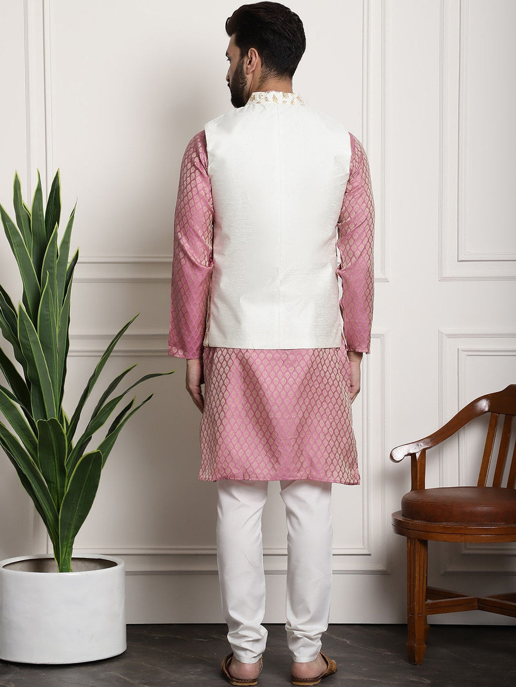 Sojanya Woven Design Mandarin Collar Kurta with Churidar & Nehru Jacket | Grocsy