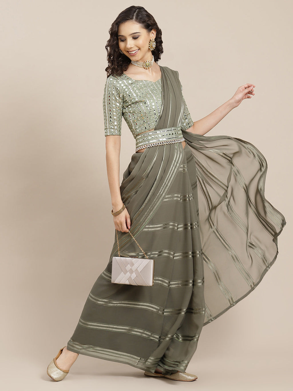 Saree Mall Taupe Striped Leheriya Saree With Belt | Grocsy