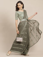 Saree Mall Taupe Striped Leheriya Saree With Belt | Grocsy