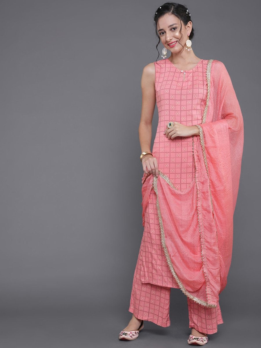 Aks Ethnic Motifs Printed Straight Kurta with Palazzos & Dupatta | Grocsy