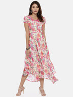 Souchii Off-White & Pink Floral Printed A-Line Dress | Grocsy