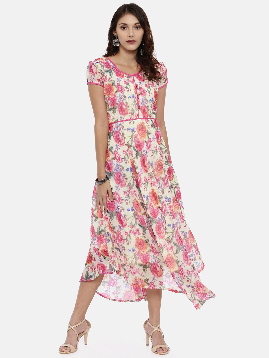 Souchii Off-White & Pink Floral Printed A-Line Dress | Grocsy