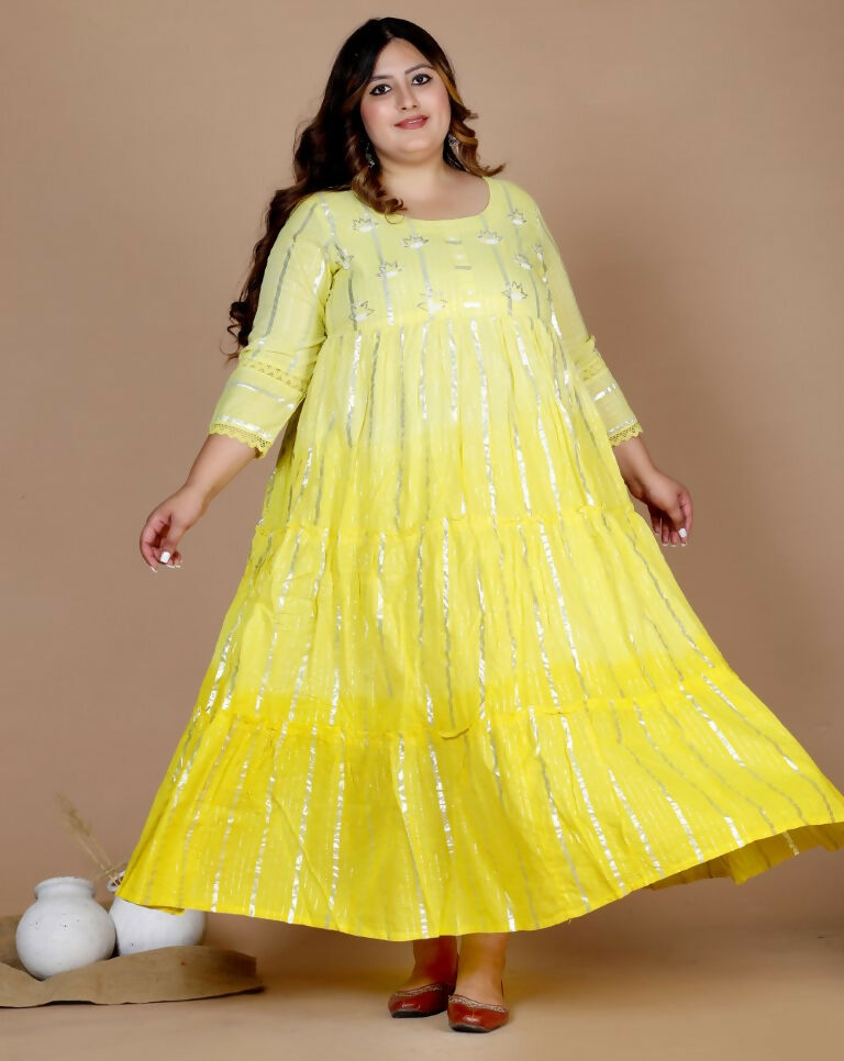 Miravan Women's Plus Size Cotton Embroidery And Lace Work Yellow Party Wear Anarkali Kurta | Grocsy