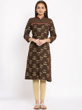 HERE&NOW Brown & Beige Mandarin Collar Floral Printed Straight Kurta | Grocsy