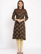 HERE&NOW Brown & Beige Mandarin Collar Floral Printed Straight Kurta | Grocsy