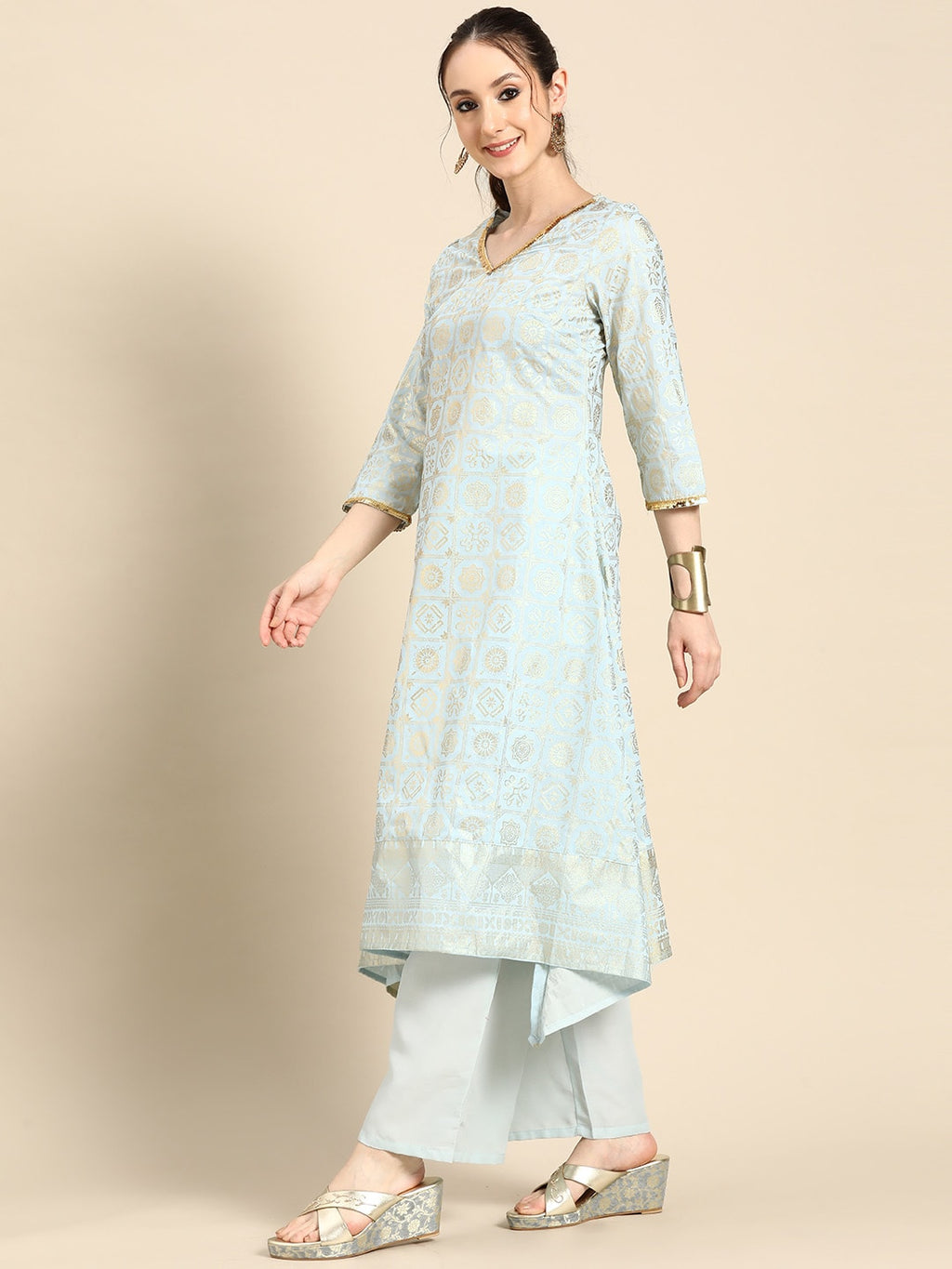 Sangria Gold-Toned Foil Printed Sequinned Detail A-Line Kurta with Palazzos | Grocsy