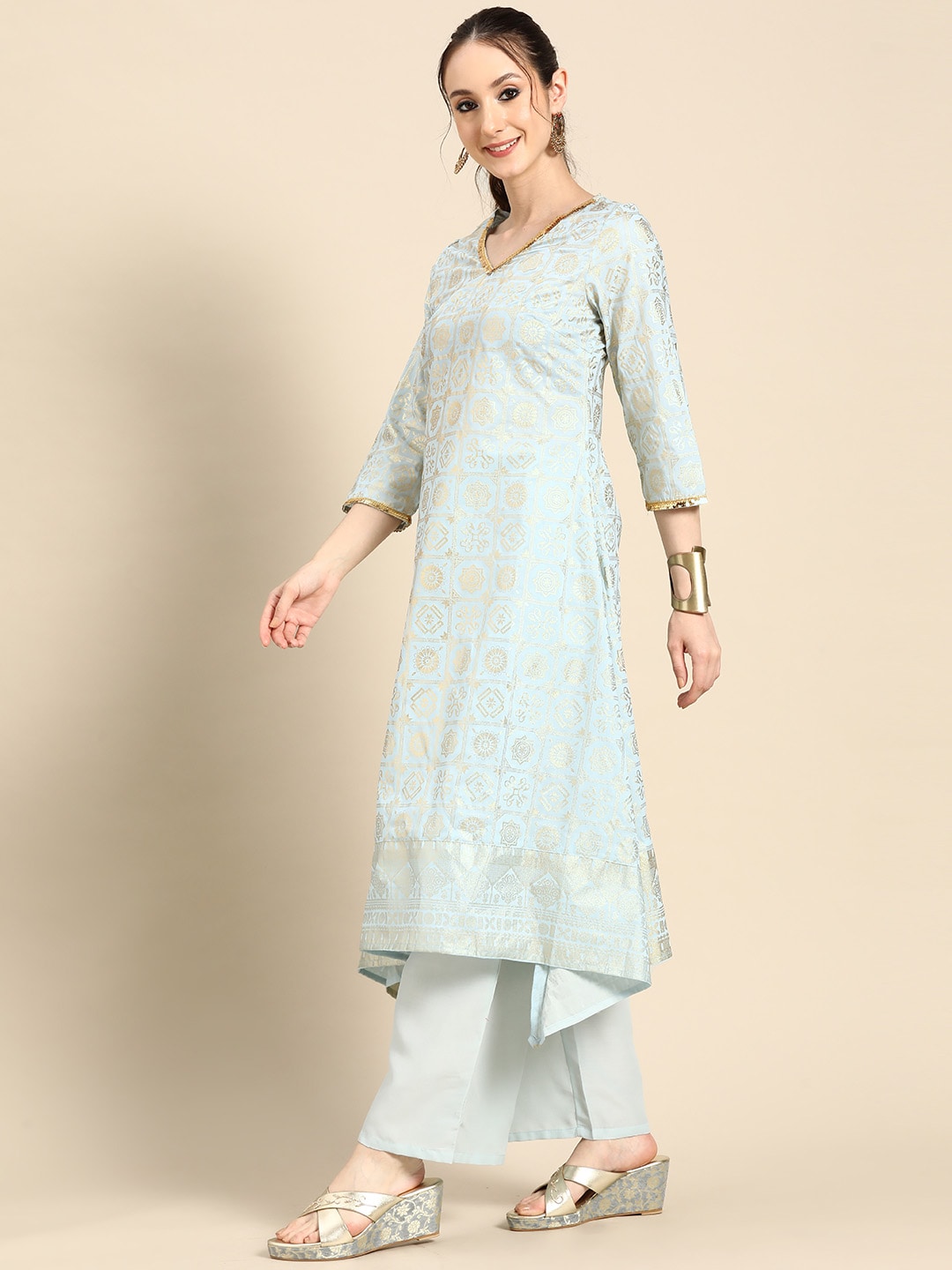 Sangria Gold-Toned Foil Printed Sequinned Detail A-Line Kurta with Palazzos | Grocsy