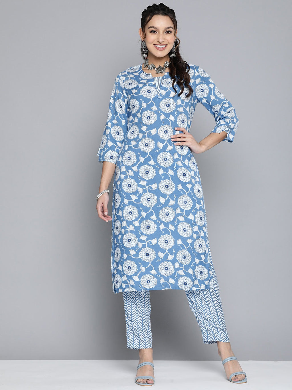 HERE&NOW Women Ethnic Motifs Printed Kantha Work Kurta With Trousers | Grocsy