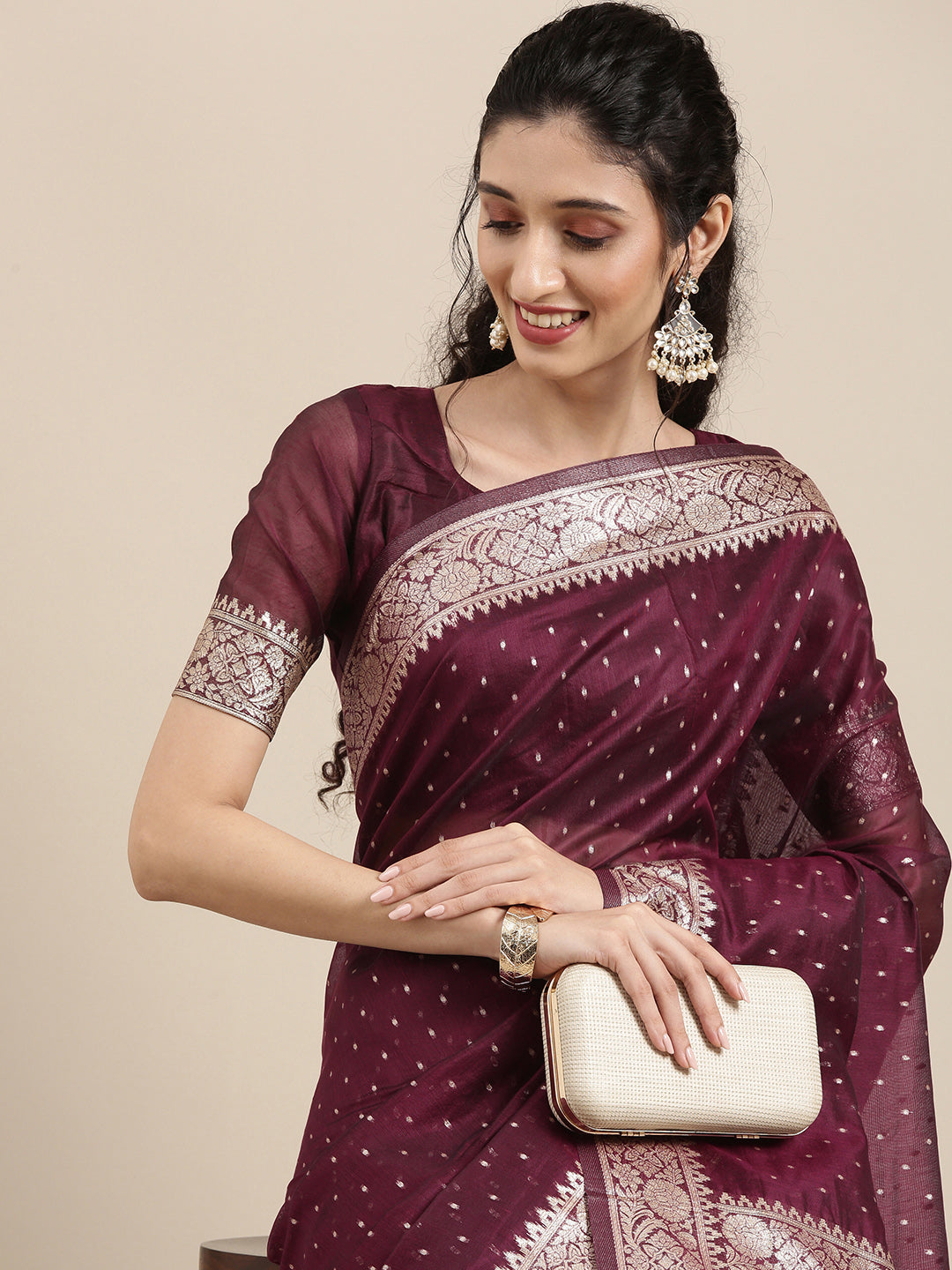 Saree Mall Maroon Woven Design Zari Silk Blend Banarasi Saree | Grocsy