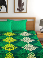 My Room Green & Yellow Ethnic Motifs 140 TC Super King Bedsheet with 2 Pillow Covers | Grocsy