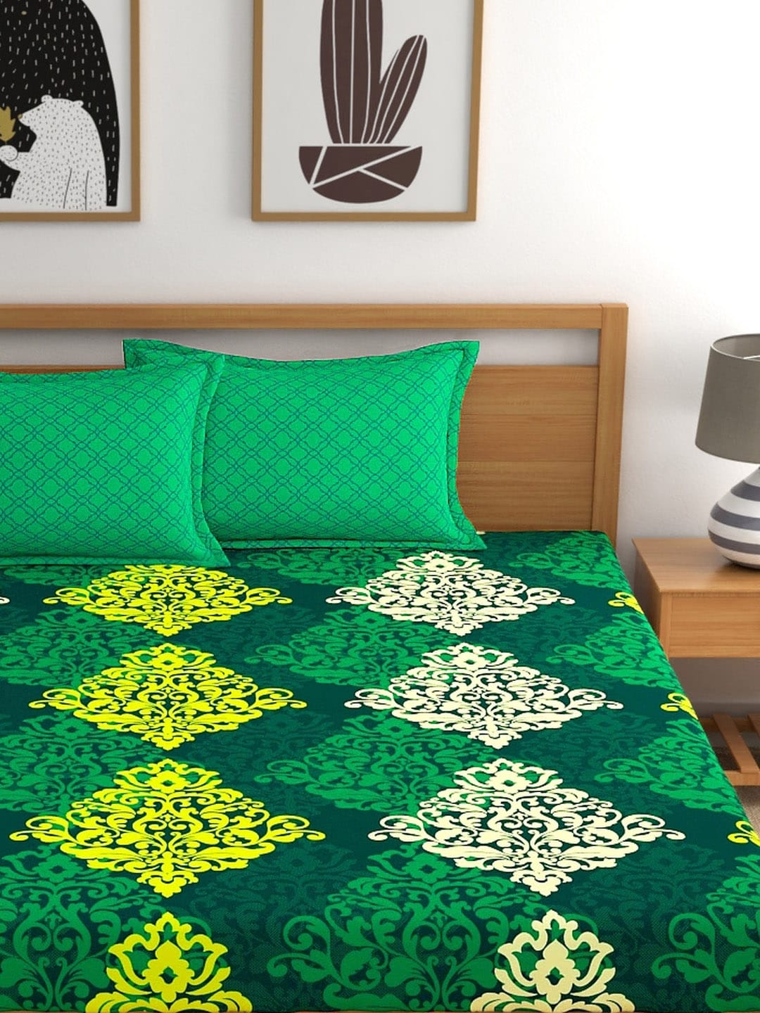 My Room Green & Yellow Ethnic Motifs 140 TC Super King Bedsheet with 2 Pillow Covers | Grocsy