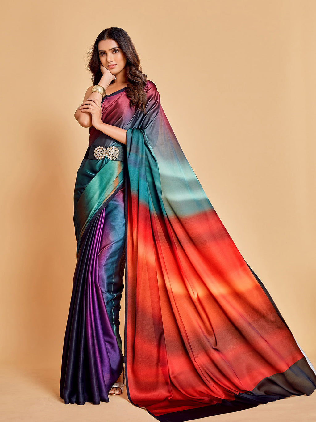 Sangria Violet & Orange Ombre Satin Saree | Grocsy