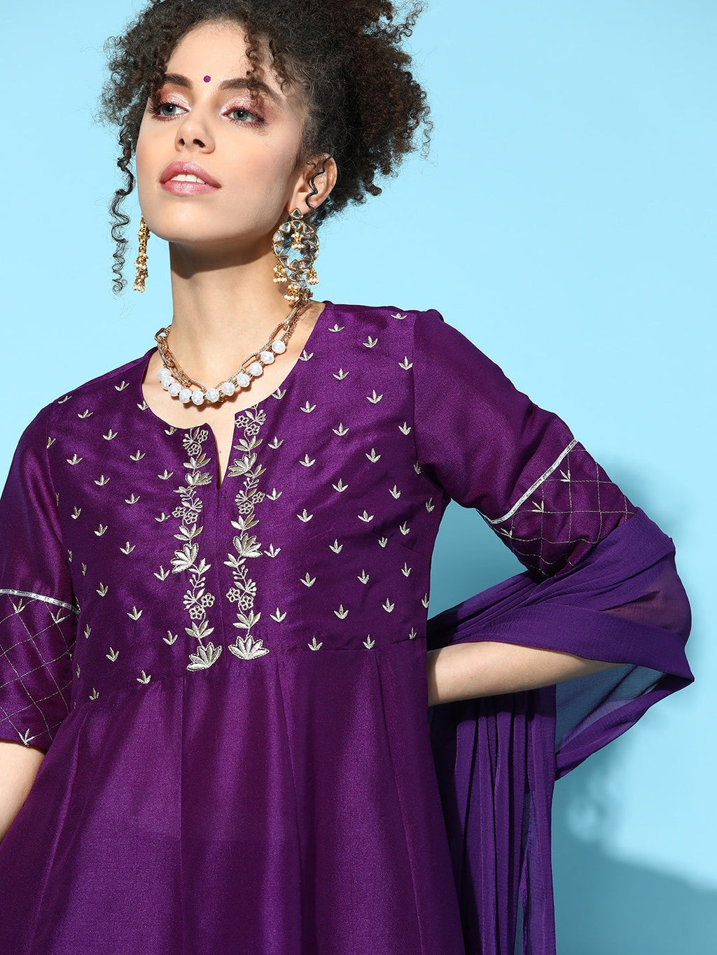 Sangria Women Purple & Silver Ethnic Motifs Gotta Patti Kurta with Palazzos & Dupatta | Grocsy