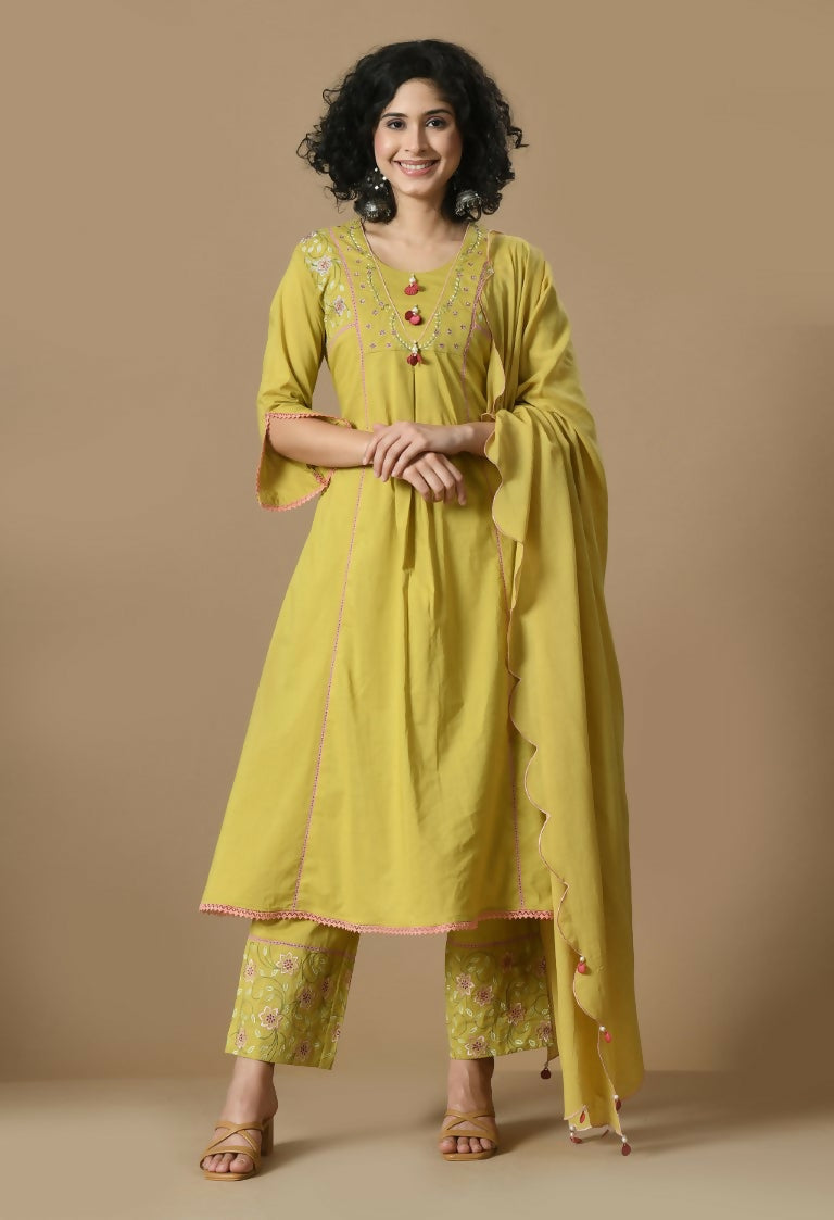 Joban Fashion Mehendi Cotton Kurta Set | Grocsy