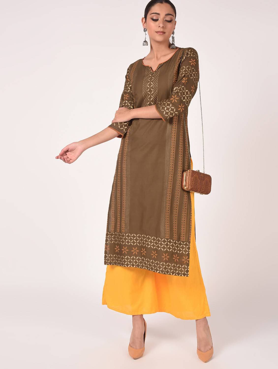 Cheera Hand Block Print Earth Brown Straight Kurta (MAAI-060K) | Grocsy