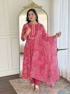 The52 Women's Beautiful Rayon Fabric Printed Work Flared Kurta Pant and Dupatta Set | Grocsy