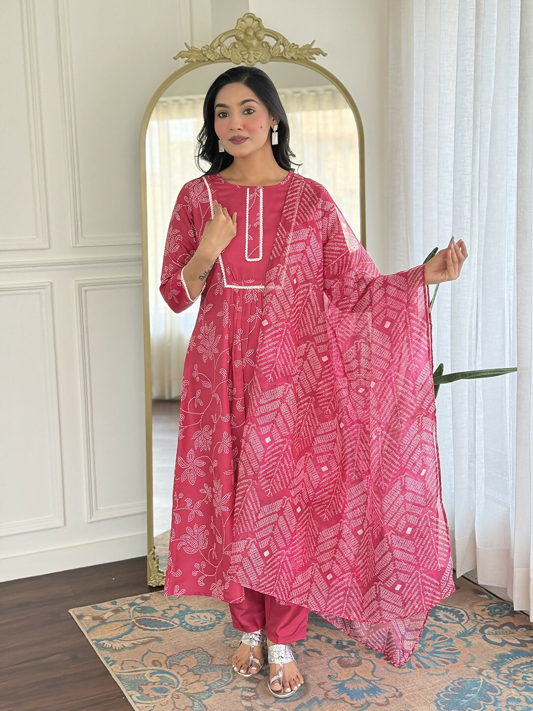 The52 Women's Beautiful Rayon Fabric Printed Work Flared Kurta Pant and Dupatta Set | Grocsy