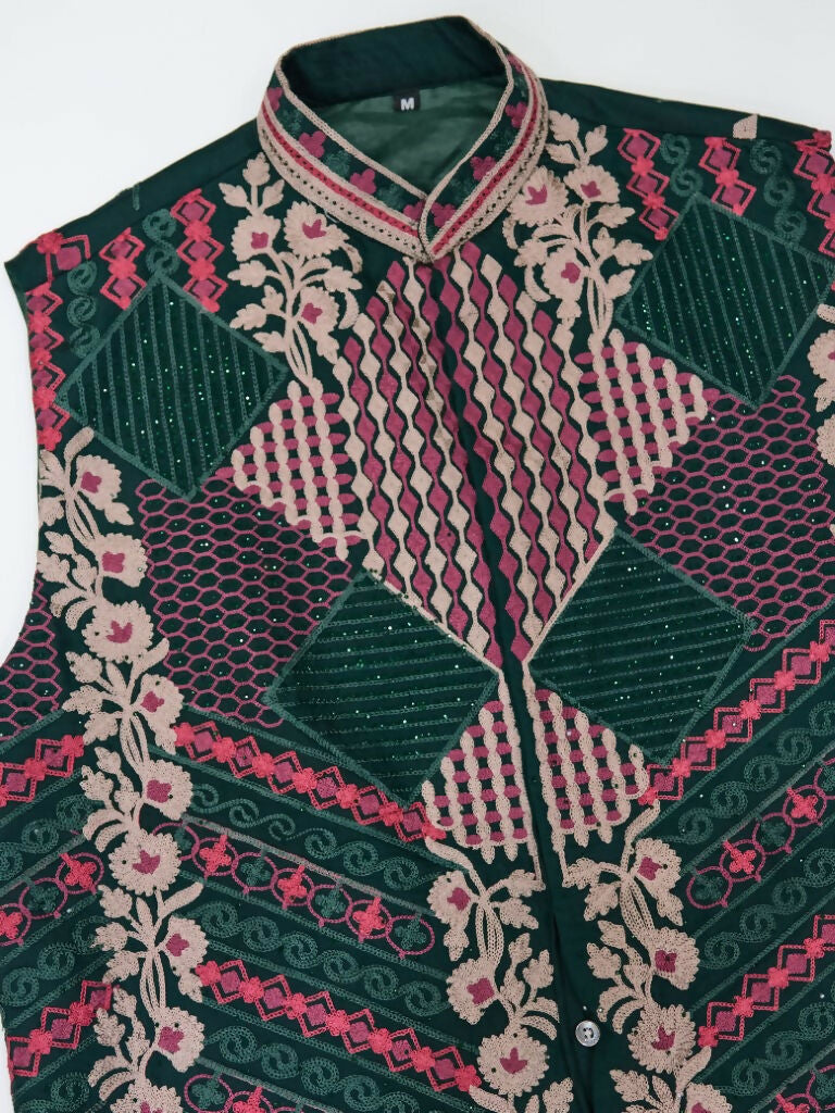 Vastranavya Green Exclusive Festival Viscose Silk Thread & Swarovski Embroidered Work Mens Wear Kurta & Koti | Grocsy