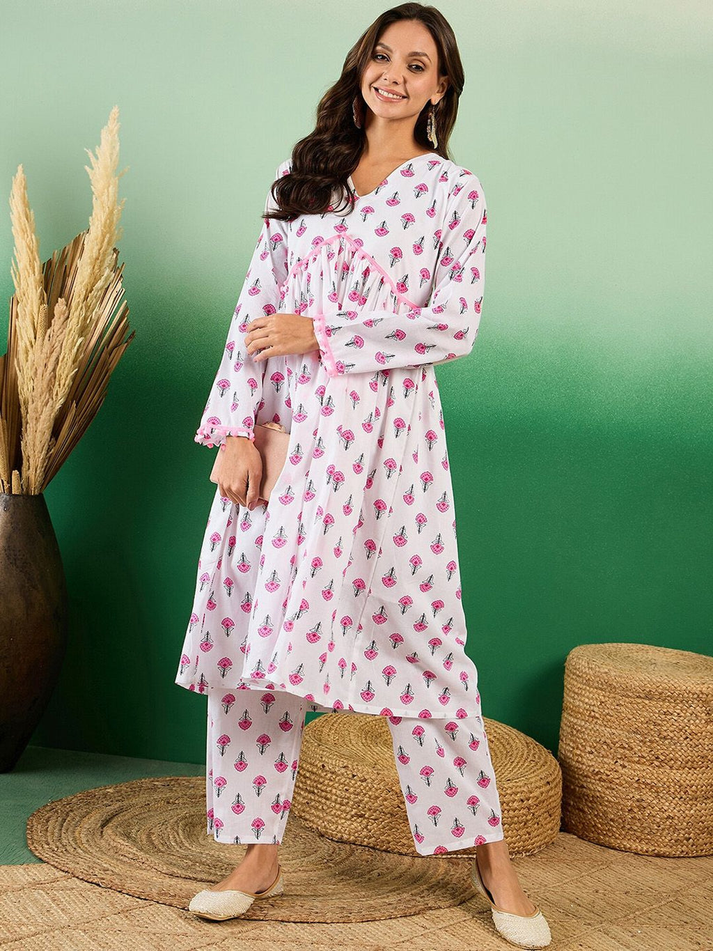Sangria Floral Printed Pure Cotton Anarkali Kurta With Trouser | Grocsy