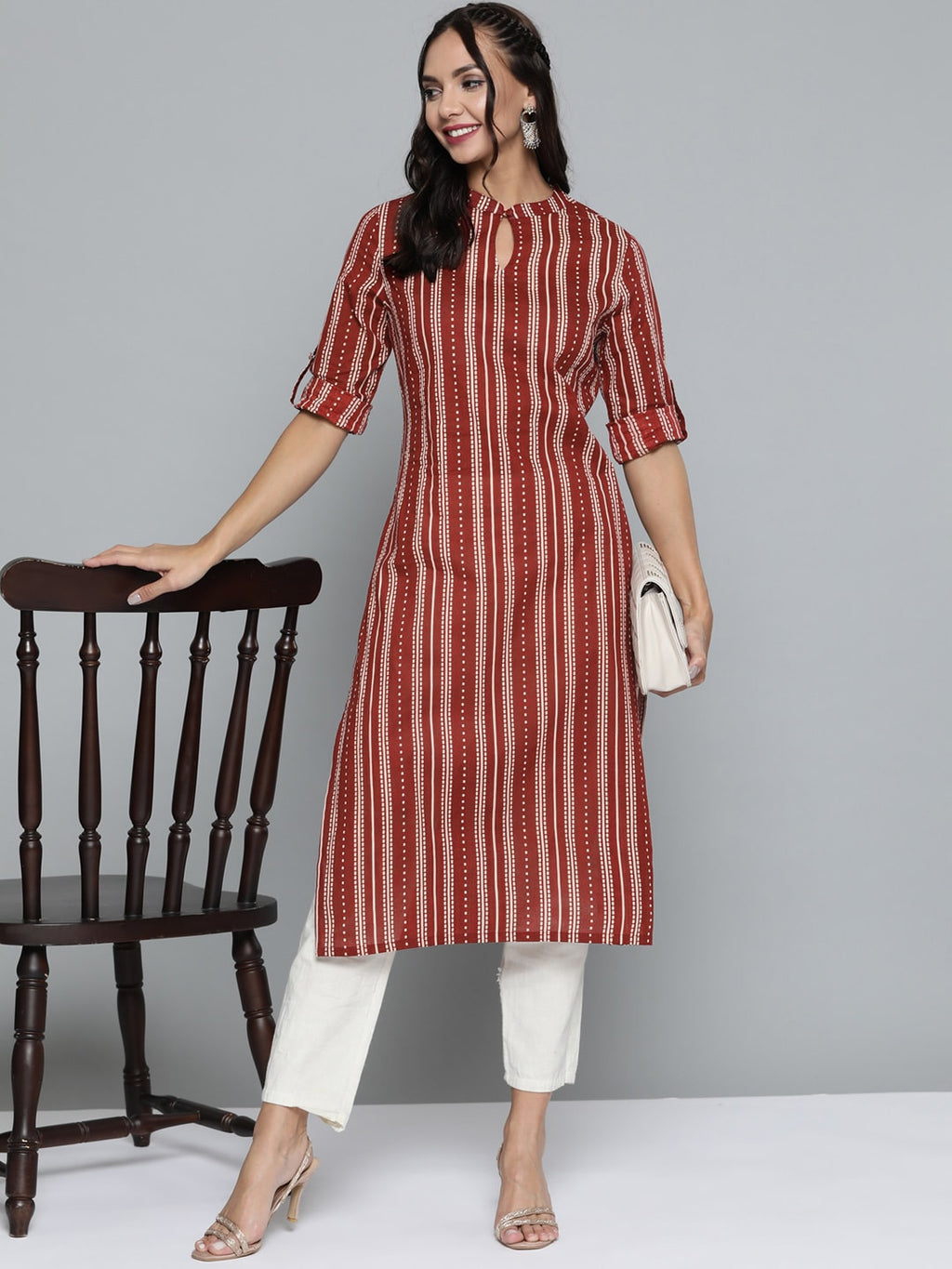 HERE&NOW Women Rust Red & Off-White Pure Cotton Striped Keyhole Neck Straight Kurta | Grocsy