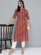 HERE&NOW Women Rust Red & Off-White Pure Cotton Striped Keyhole Neck Straight Kurta | Grocsy