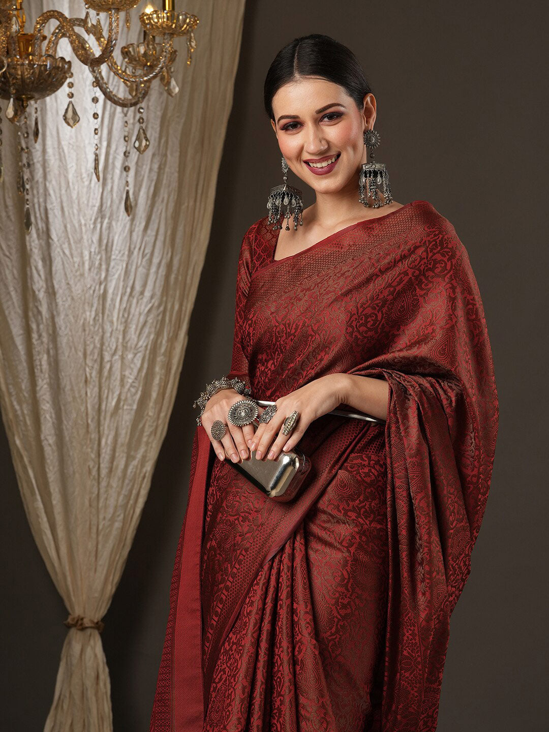 Saree Mall Maroon Woven Design Zari Silk Blend Banarasi Sarees | Grocsy