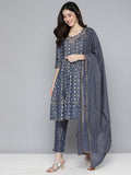 HERE&NOW Ethnic Embroidered & Printed Pure Cotton Anarkali Kurta with Trousers & Dupatta | Grocsy