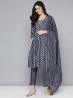 HERE&NOW Ethnic Embroidered & Printed Pure Cotton Anarkali Kurta with Trousers & Dupatta | Grocsy