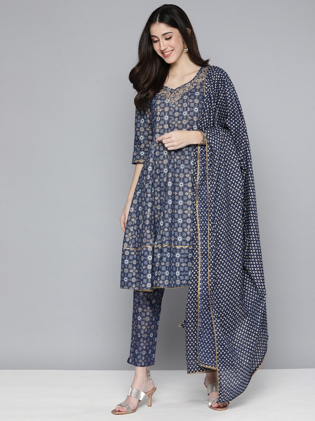 HERE&NOW Ethnic Embroidered & Printed Pure Cotton Anarkali Kurta with Trousers & Dupatta | Grocsy
